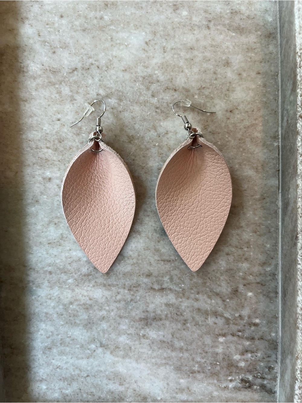 Light Pink Leather Leaf Drop Earrings
